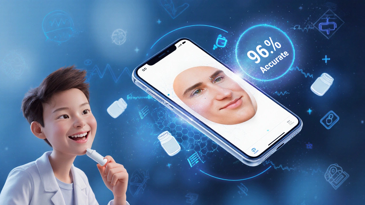 A smartphone projecting AI-detected facial signs of medication side effects above a patient taking a pill.