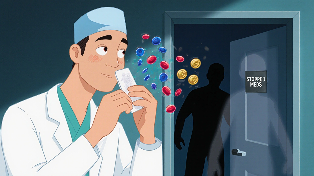 A surgeon applies a bandage to a patient&#039;s cheek while translucent blood cells flow safely, with a hidden clot shadow nearby.