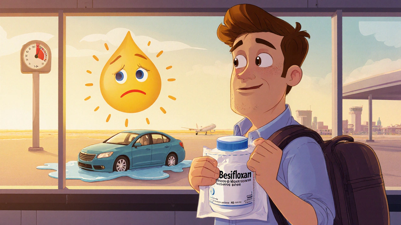 A traveler carrying a besifloxacin bottle in an insulated pouch at an airport.