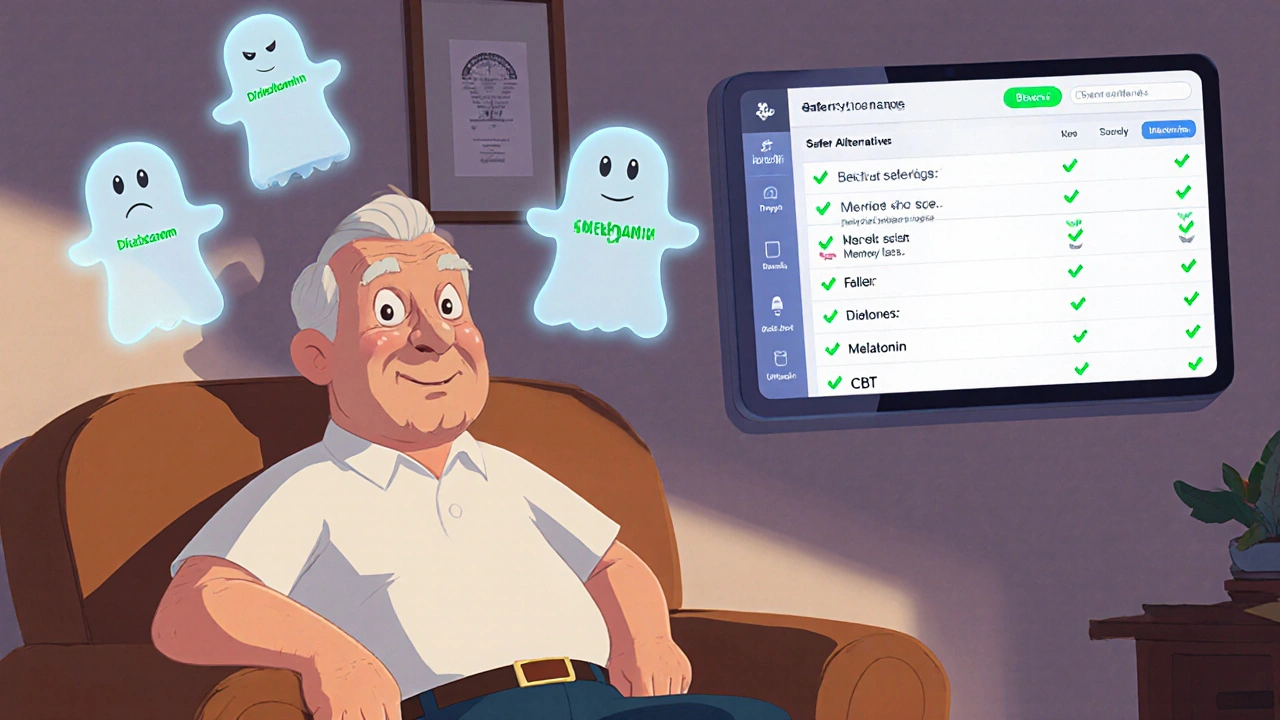 An older man surrounded by ghostly warning drug molecules, with safer alternatives displayed on a tablet behind him.
