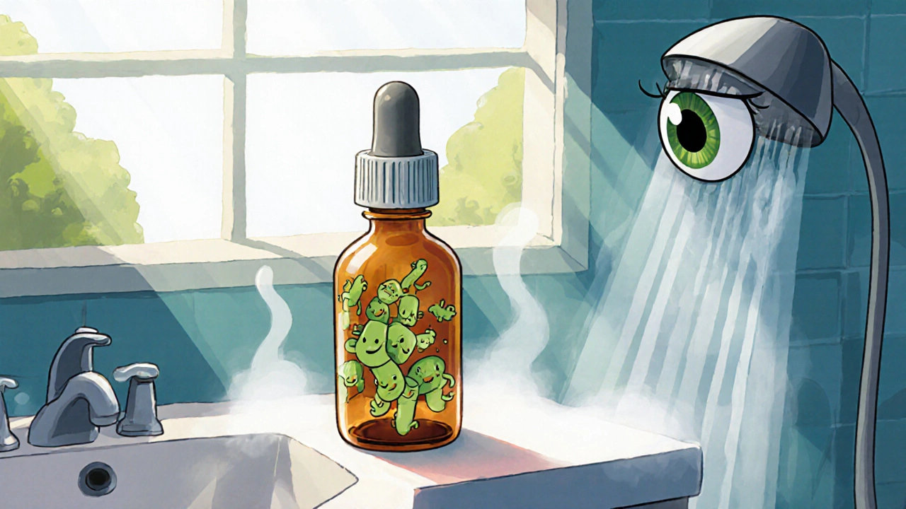 An open eye drop bottle on a steamy bathroom counter with bacteria multiplying nearby.