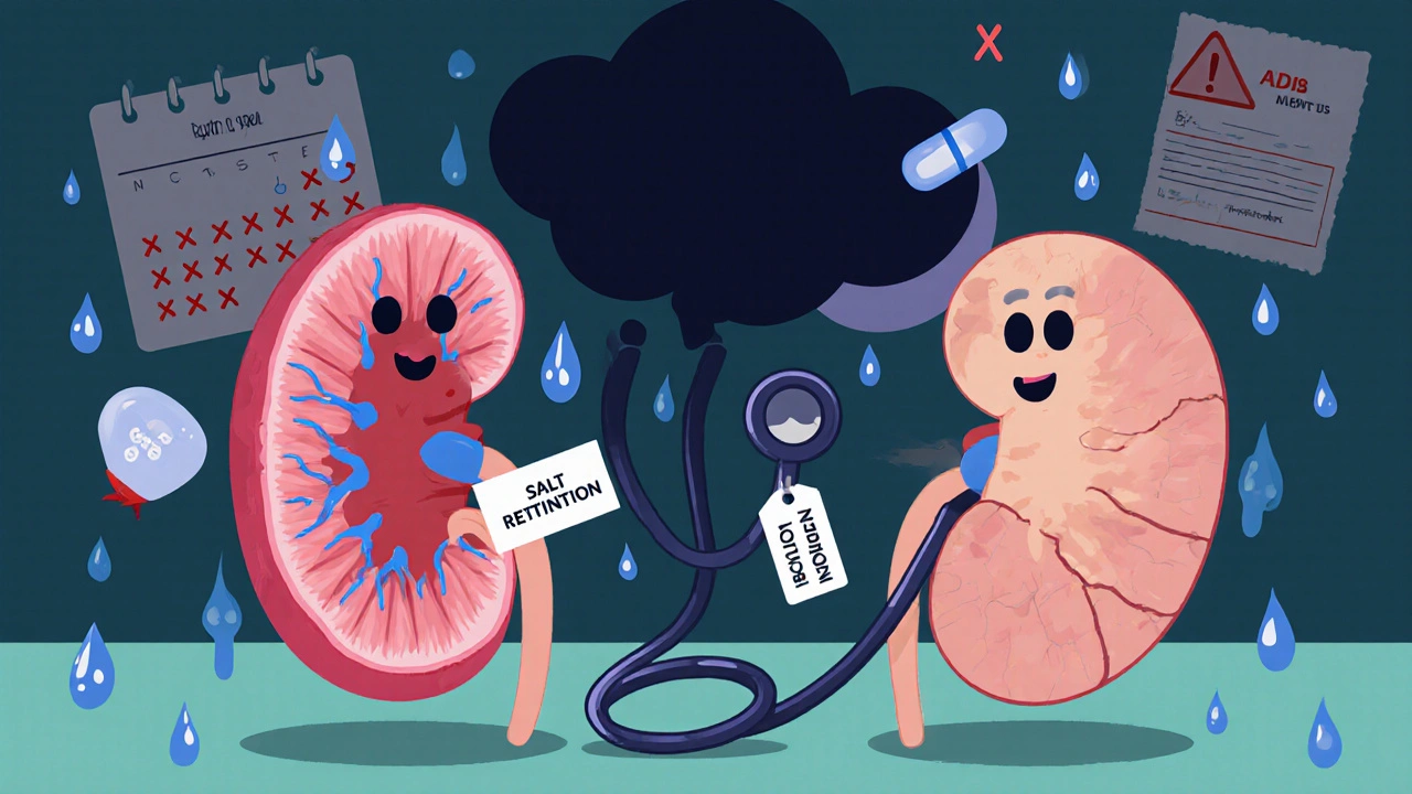 Cartoon kidneys one healthy and one damaged, with NSAID pill casting a shadow over them