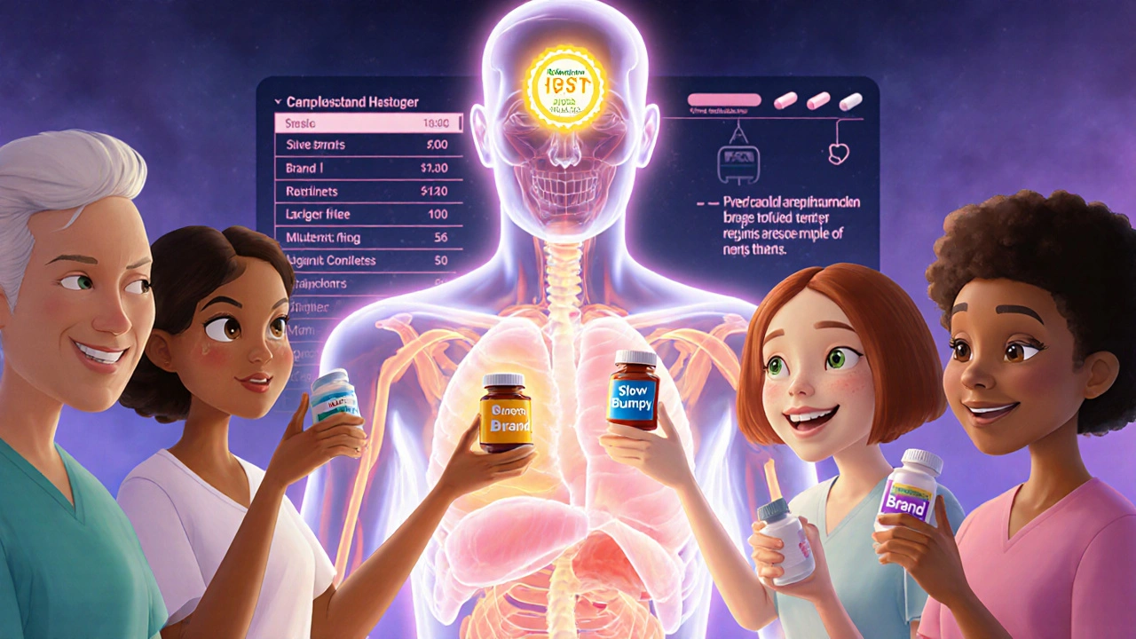 Diverse patients holding pill bottles as a transparent body shows different drug absorption paths, with an allergen-free badge glowing brightly.