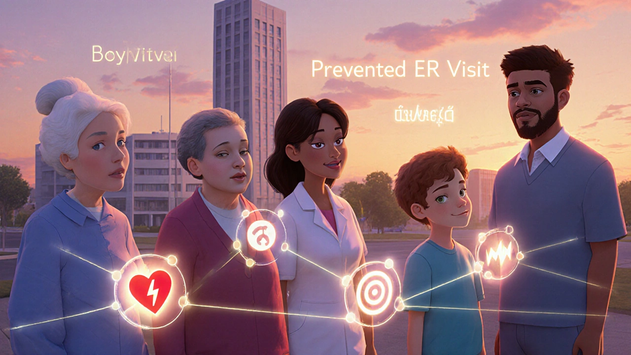 Diverse patients with personalized digital health avatars connected to a hospital server under a sunset sky.