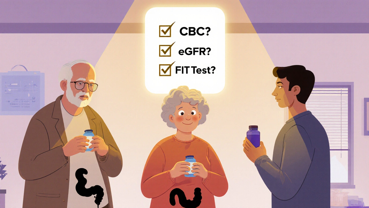 Diverse people with hidden NSAID side effects, surrounded by medical test reminders