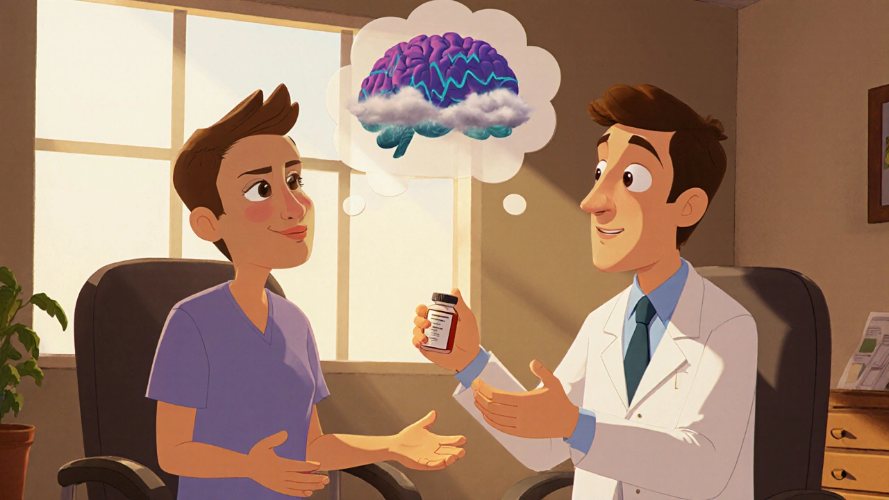 Doctor and patient talking calmly in a sunlit room about brain chemistry medication.