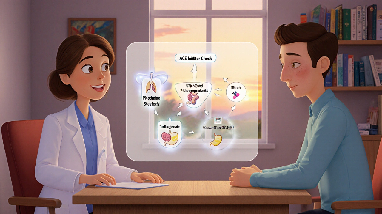 Doctor and patient viewing a glowing diagnostic flowchart with animated medical icons in a warm clinic.