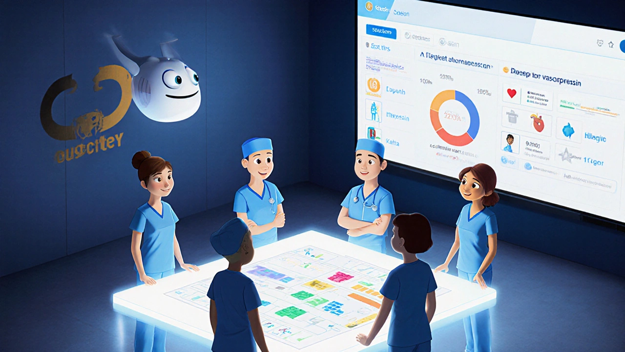 Healthcare team practicing drug rationing decisions using AI-guided patient data in a simulation room