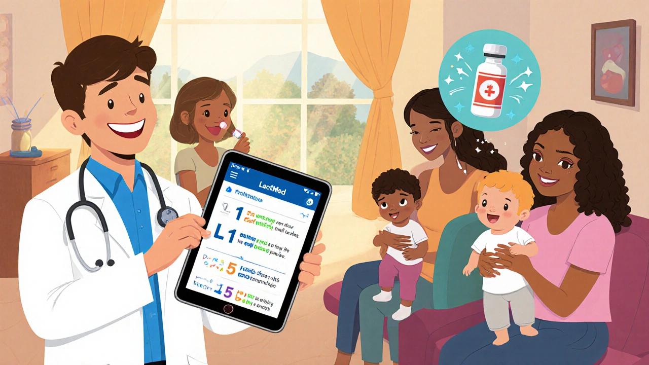 Pediatrician shows safety app to mothers and babies in a warm, sunlit community setting.