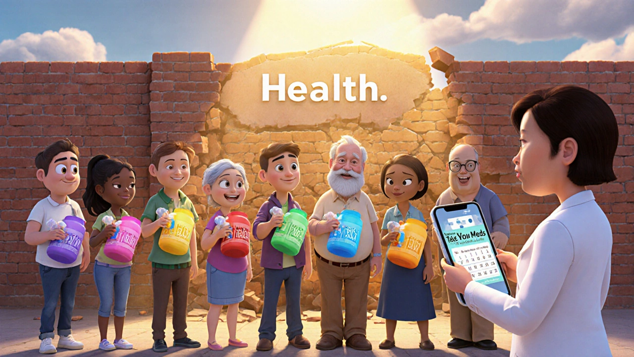 People dropping pills as a health wall crumbles, with a pharmacist offering help.