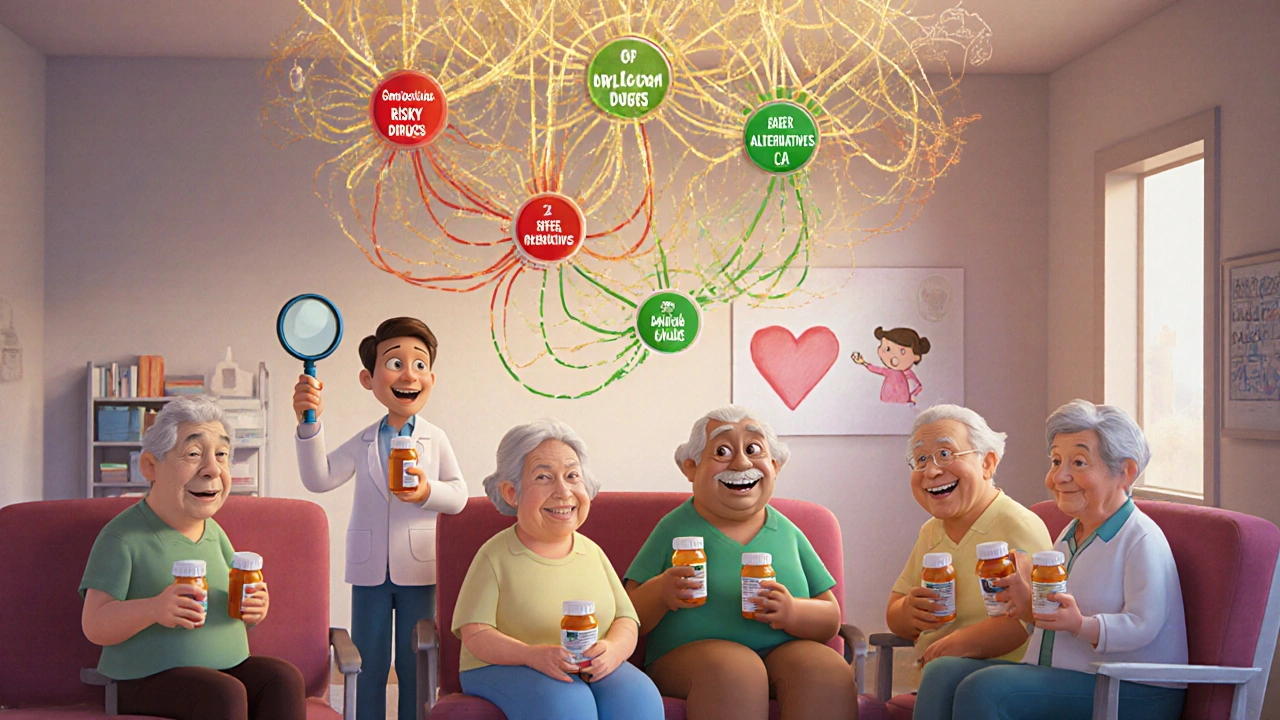 Seniors in a clinic with a golden flowchart showing risky drugs versus safer alternatives, guided by a pharmacist.