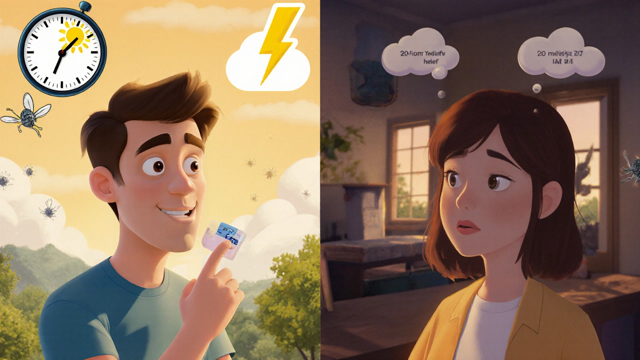 Split-screen comparison: one person takes Clarinex for all-day relief, another takes Zyrtec for fast action with drowsiness clouds.