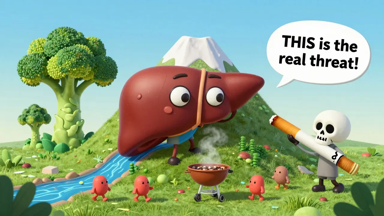 A cartoon liver mountain with caffeine, broccoli, and a tiny BBQ grill, emphasizing smoking as the real drug interaction threat.