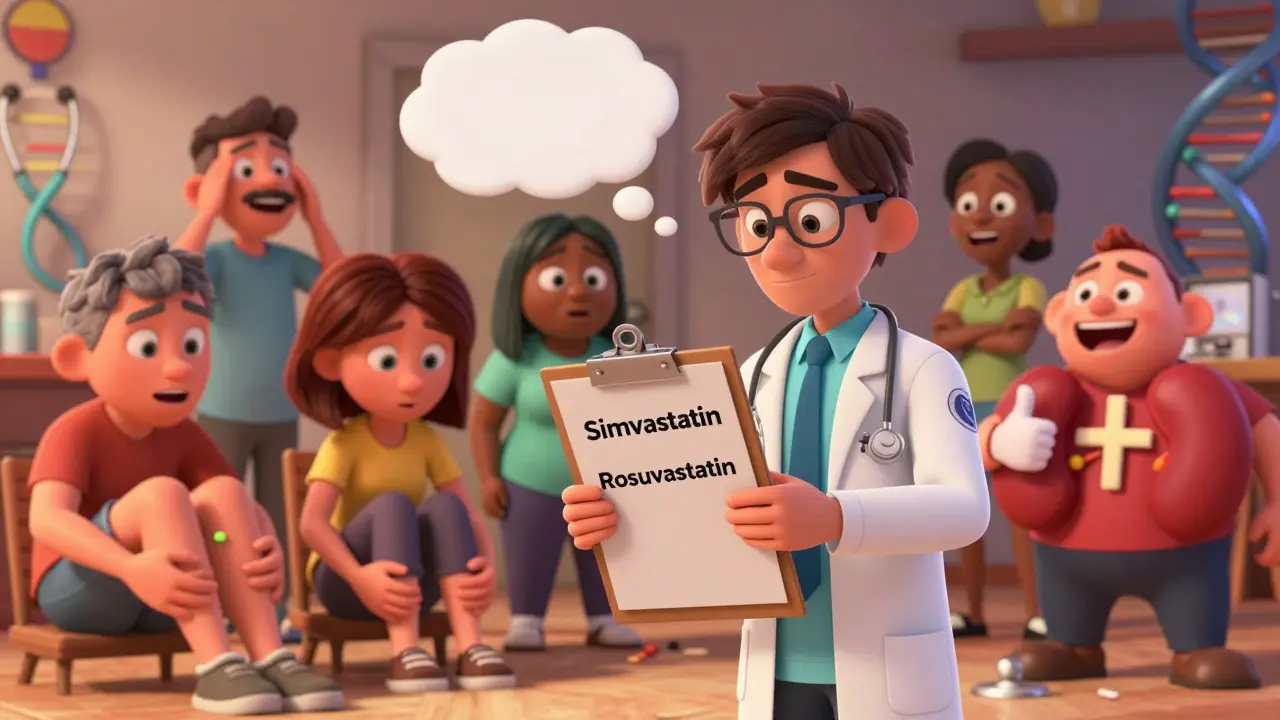 A doctor presents two statin pills to diverse patients reacting with pain, memory concerns, and relief in a vibrant Pixar-style setting.