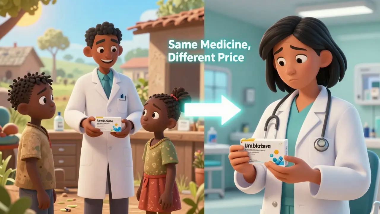 A family in Africa receives generic insulin while a U.S. patient gets the same drug in a branded package.