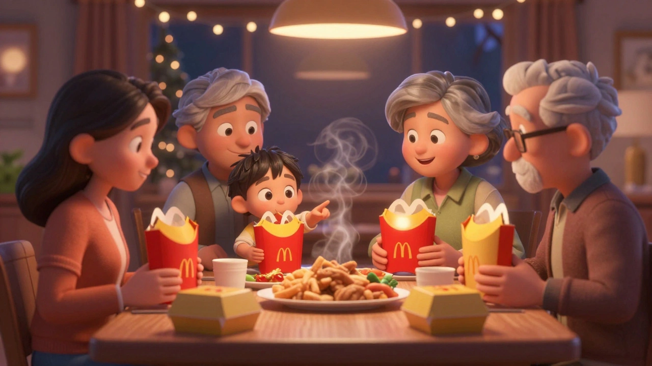 A family sharing Happy Meal boxes during a holiday dinner, evoking comfort and familiar rituals.