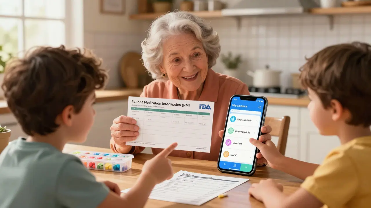 A grandmother and grandson reviewing a medication label together using a smartphone app at the kitchen table.