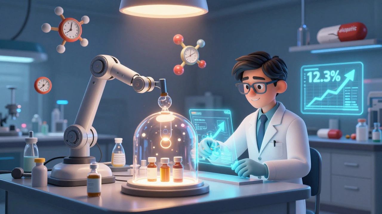 A high-tech lab with robotic arms assembling biosimilars, surrounded by floating molecular structures and a discarded cheap aspirin pill.