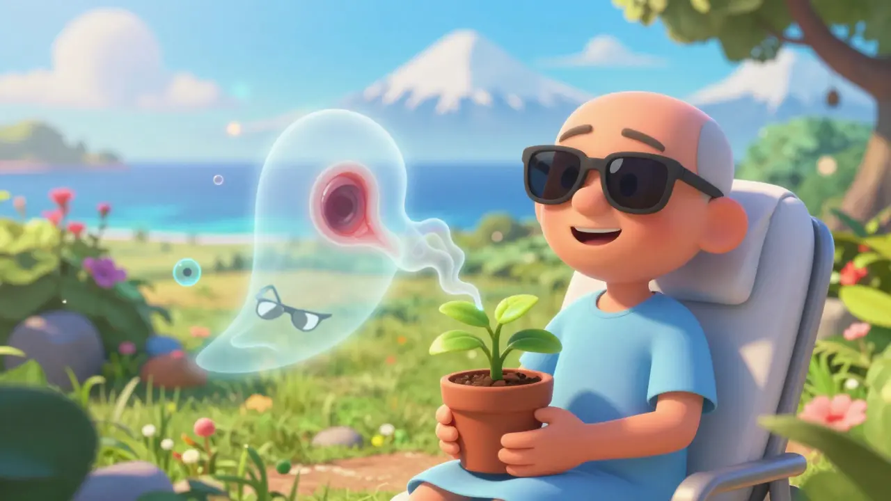 A patient smiling after surgery as a faded pterygium disappears, surrounded by UV protection icons, Pixar style.