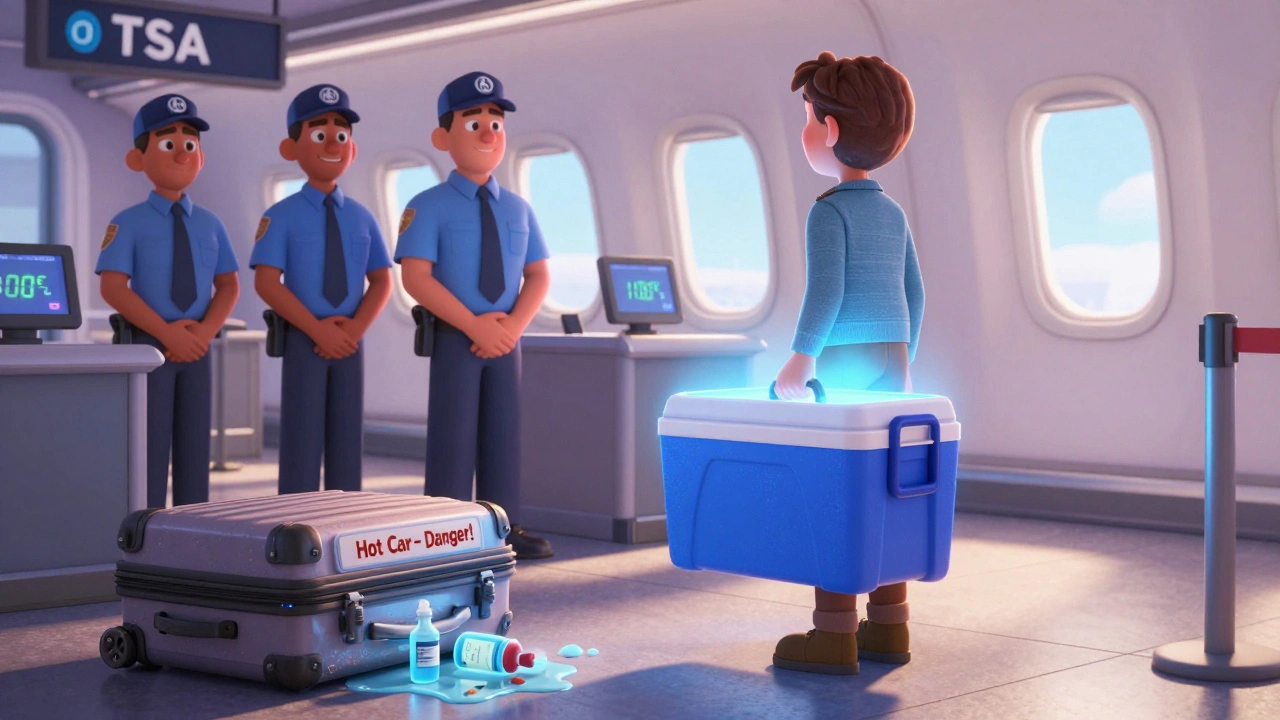 A person carrying a travel cooler with a thermometer at airport security, while a hot car with melting meds sits abandoned nearby.