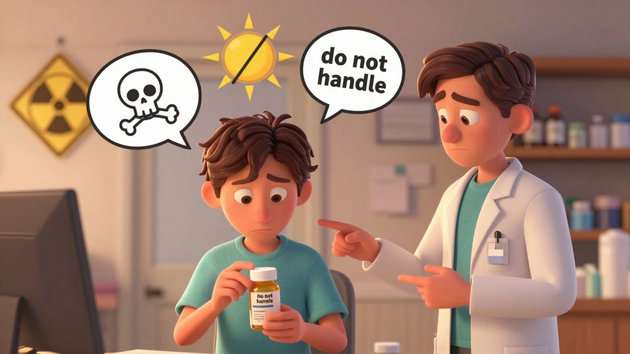 A person confused by floating misinterpreted medical symbols, with a pharmacist offering clarity.