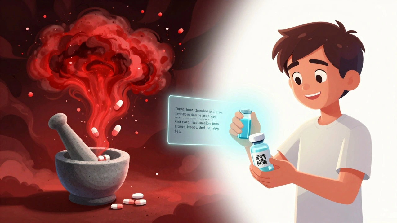 A person crushing a pill causing a dangerous explosion, contrasted with safely taking liquid medication.