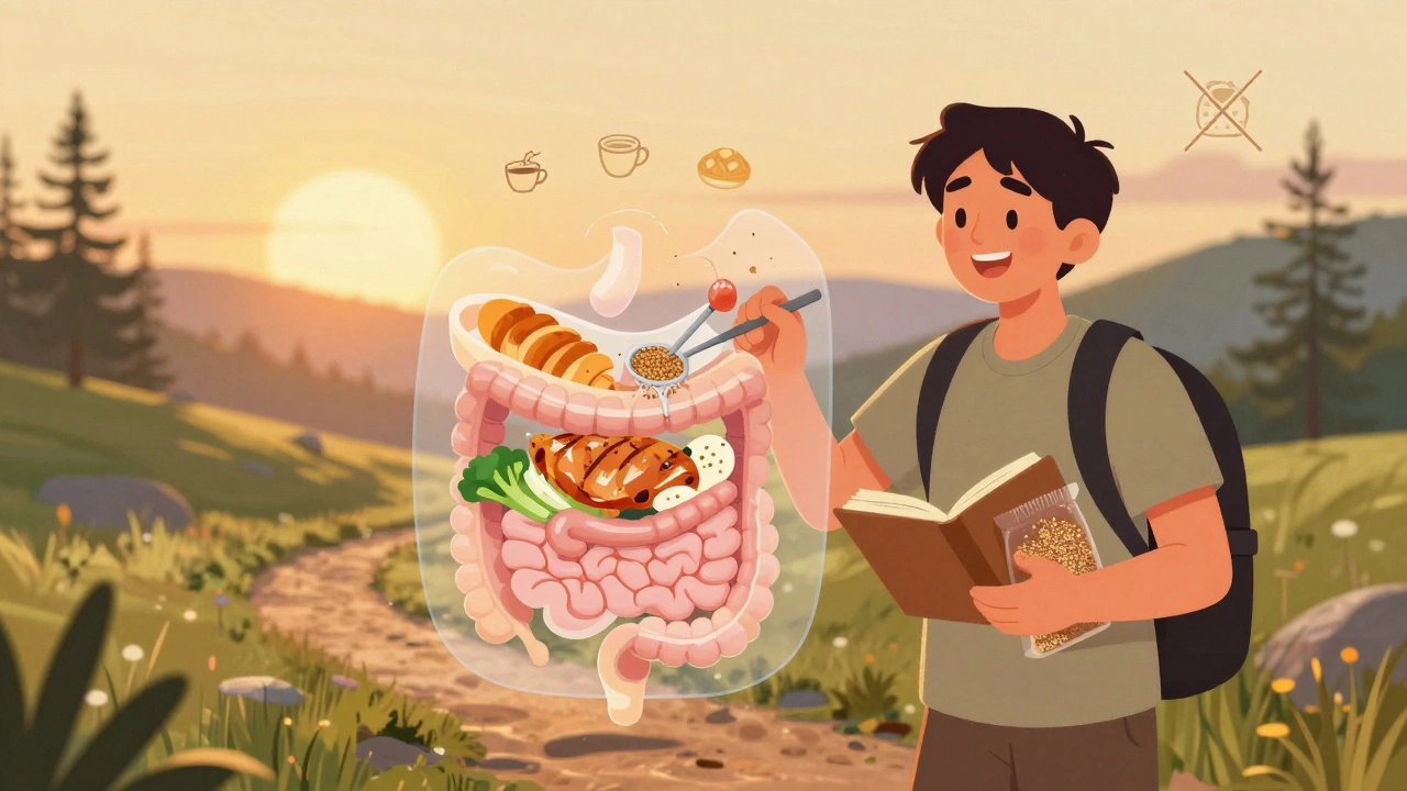 A person hiking with psyllium husk, their digestive system shown with bile acids trapped by fiber.