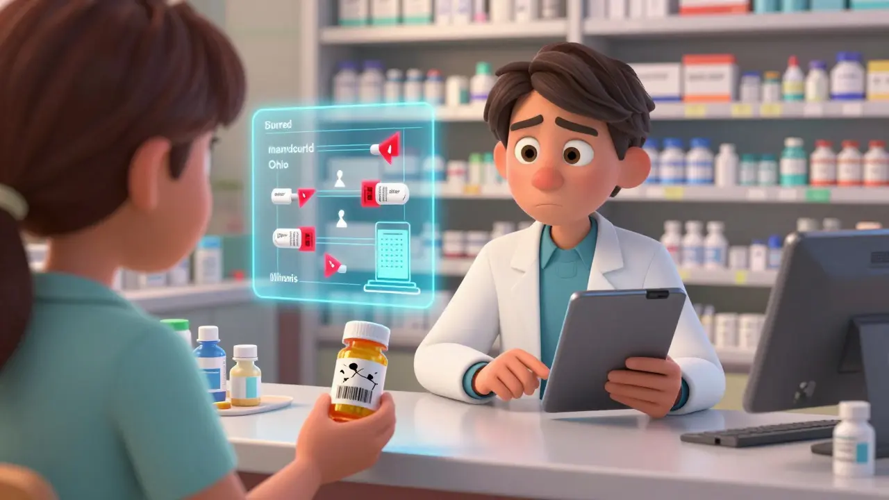 A pharmacist verifies a suspicious pill bottle with a tablet, revealing a holographic journey and fake drug warnings.