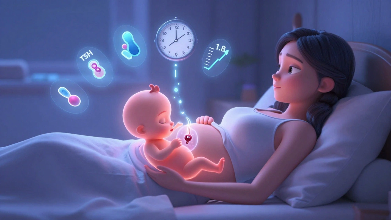 A pregnant woman with transparent body showing a baby receiving thyroid hormones for brain development.