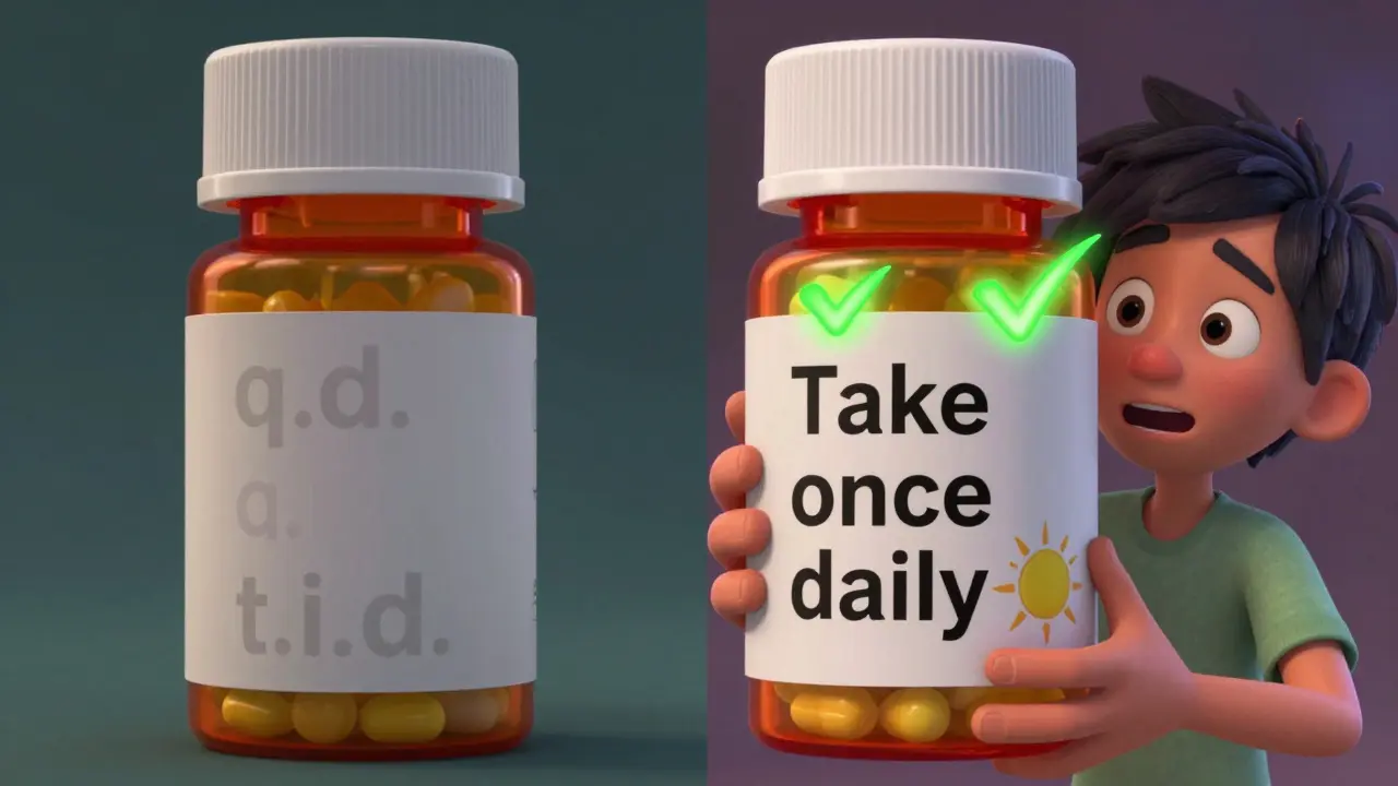 A prescription bottle transformed from confusing medical abbreviations to clear plain-language instructions with glowing checkmarks.