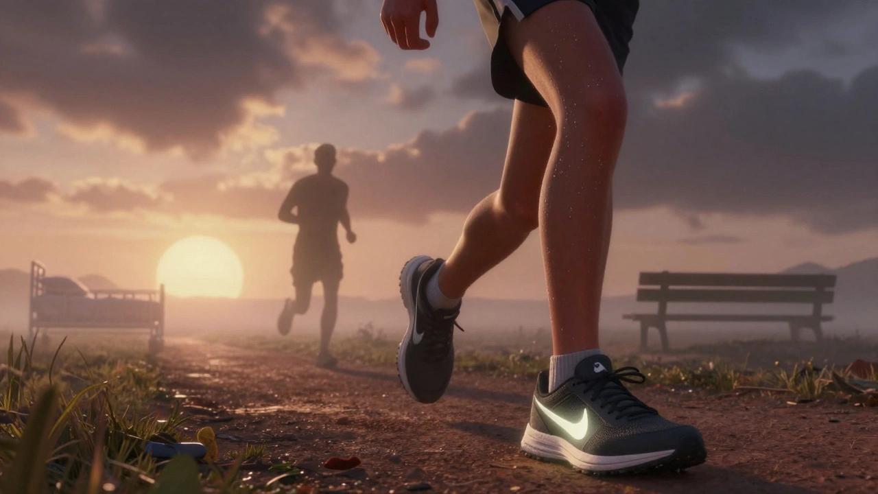 A runner at sunrise with a glowing Nike Swoosh, symbolizing perseverance through life&#039;s challenges.