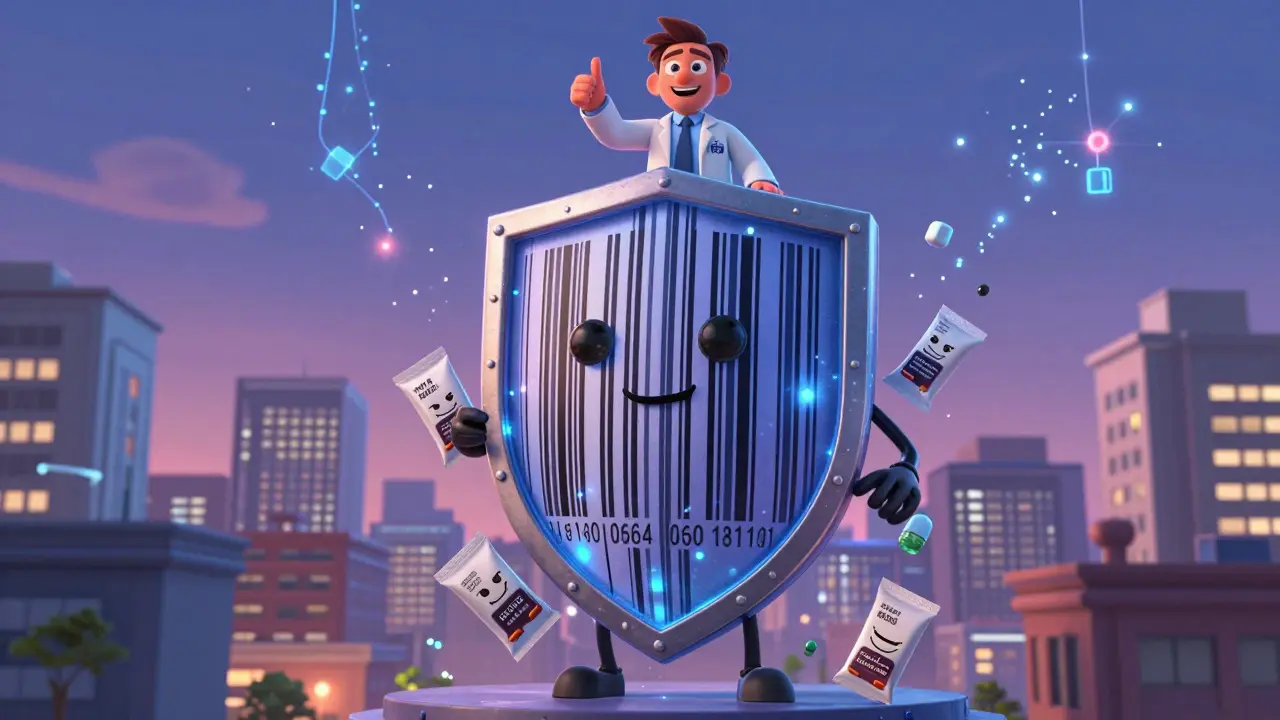 A shield made of barcodes protects a city from sneaky counterfeit drugs, with an FDA agent smiling above.