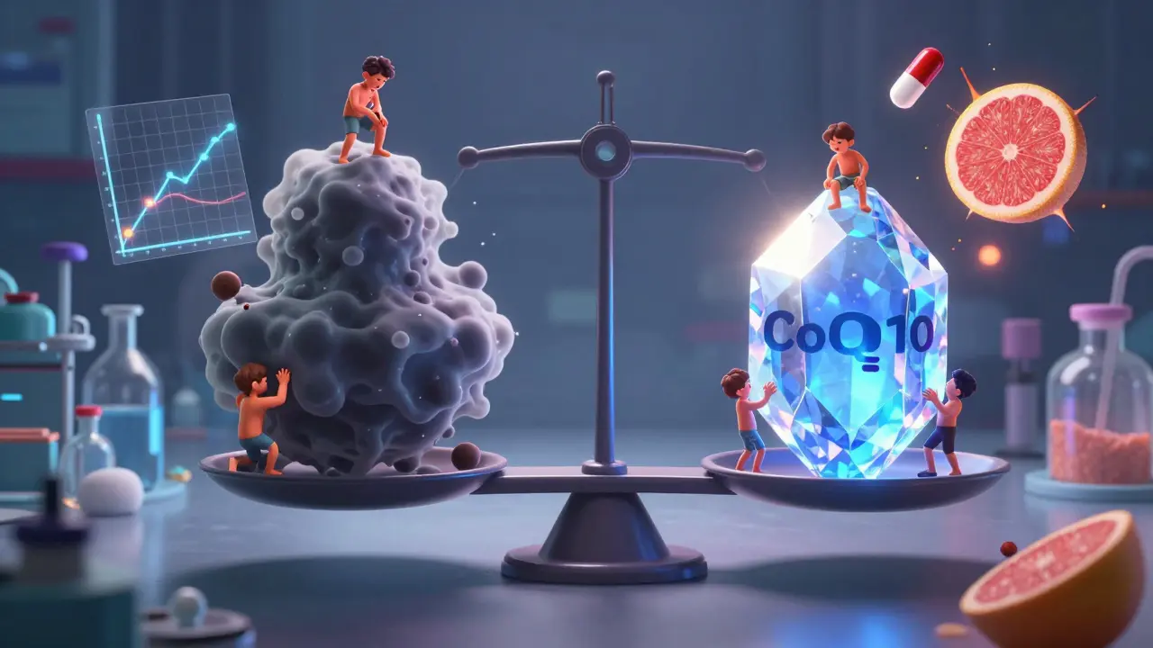 A surreal scale balances lipophilic and hydrophilic statins while tiny patients react, surrounded by medical symbols and CoQ10 capsules.