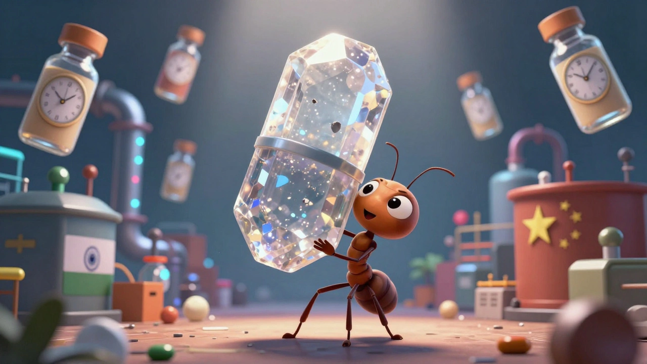 A tiny ant carries a giant API crystal near floating biosimilar vials shaped like Swiss watches.