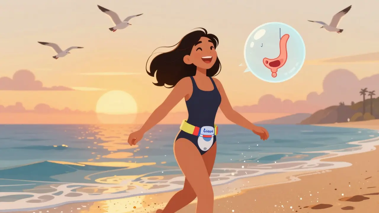 A woman enjoys the beach at sunset with a hidden ostomy bag, laughing as she walks in the ocean.