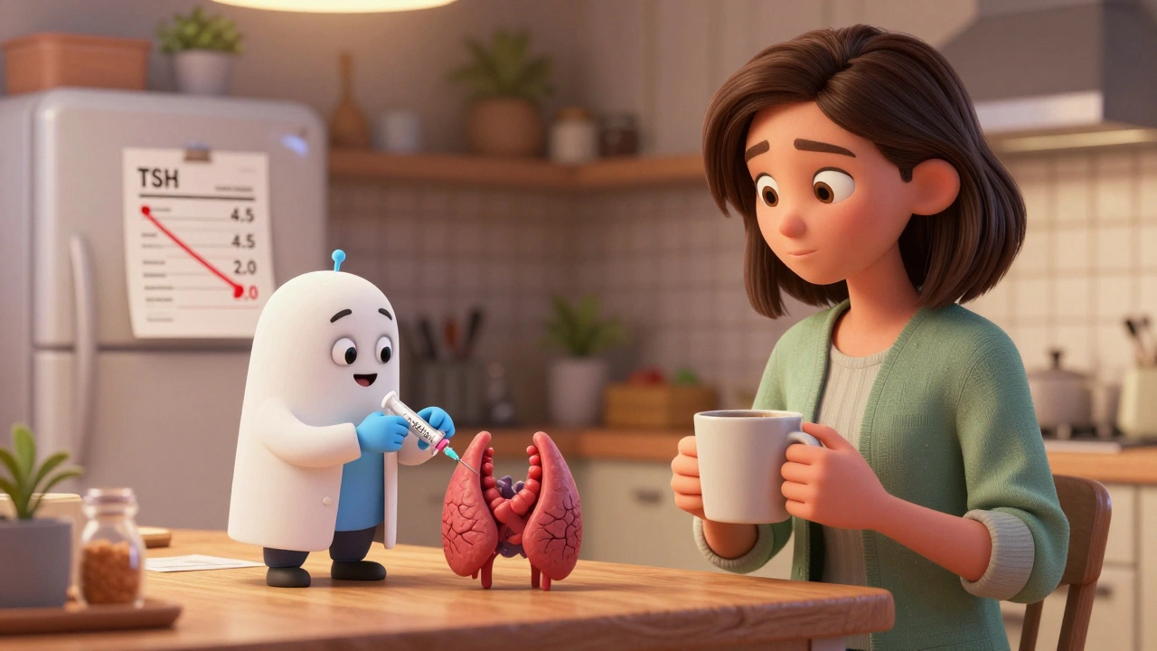 A woman in a kitchen with a cartoon thyroid being adjusted by a doctor, TSH levels dropping on a fridge report.