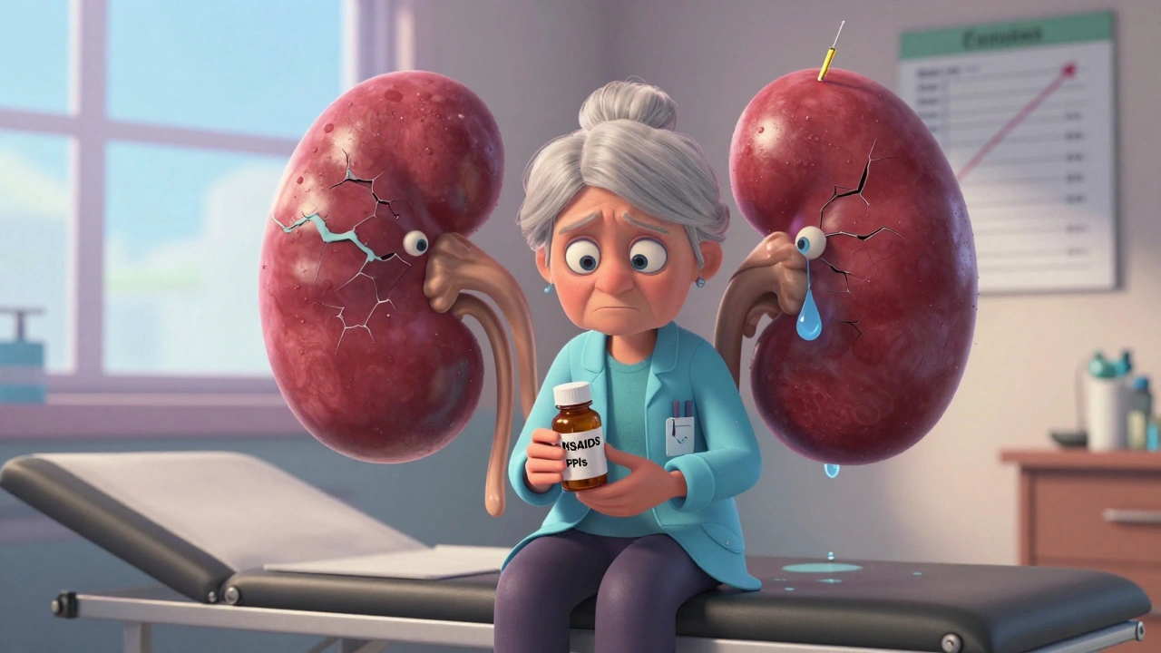An elderly woman with a hovering worried kidney and pill bottles on a doctor&#039;s table.