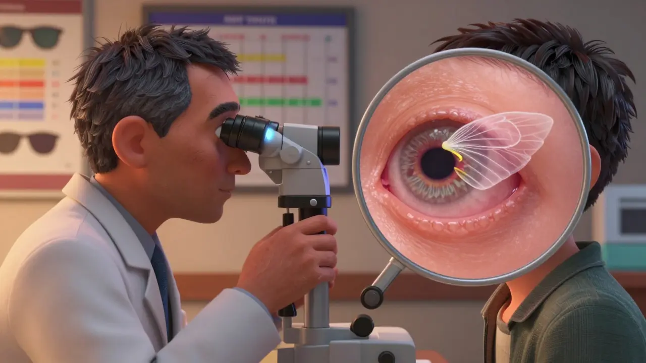 An eye doctor examining a patient's eye with a magnified view of a pterygium growing toward the pupil, Pixar style.