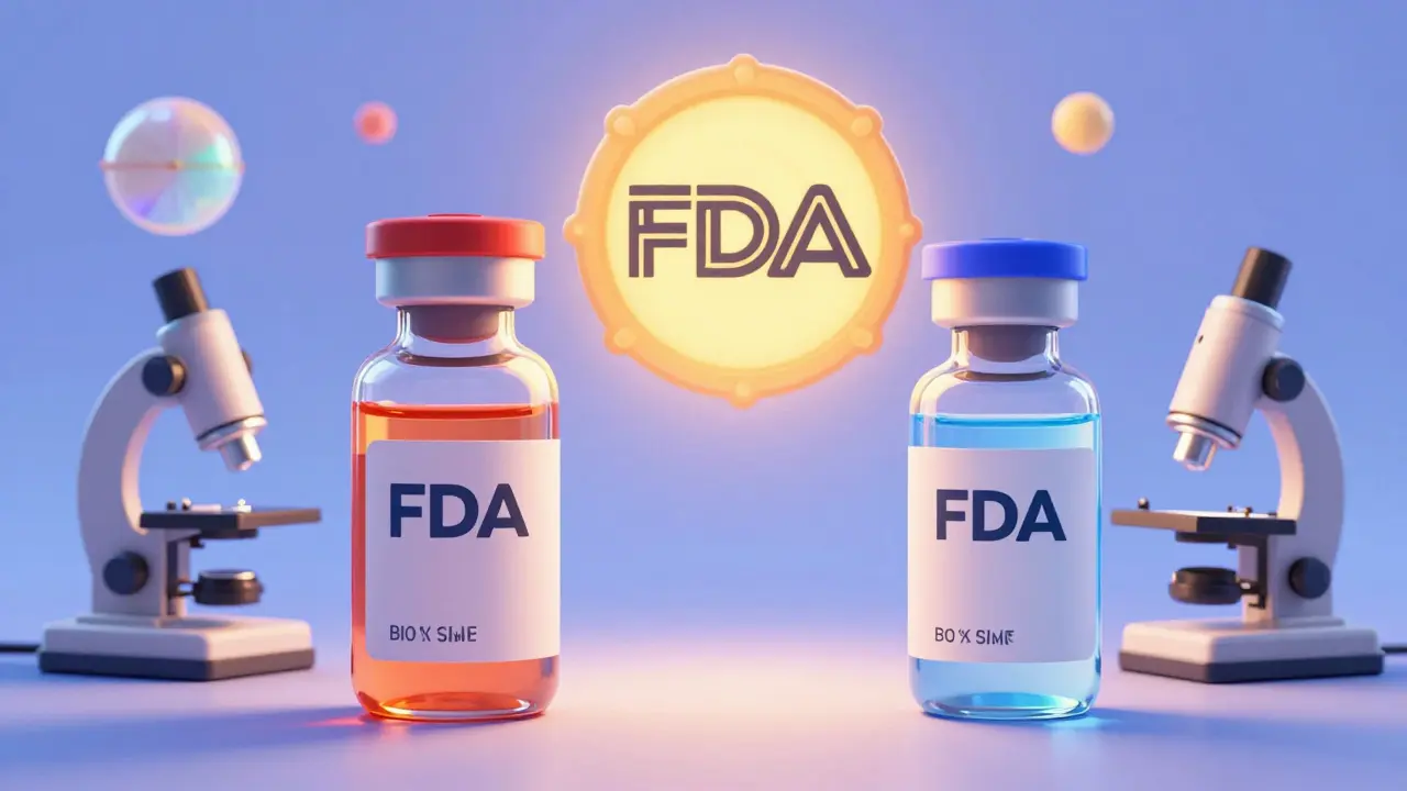 Brand-name and biosimilar vials side by side with analytical tools and an FDA badge above.