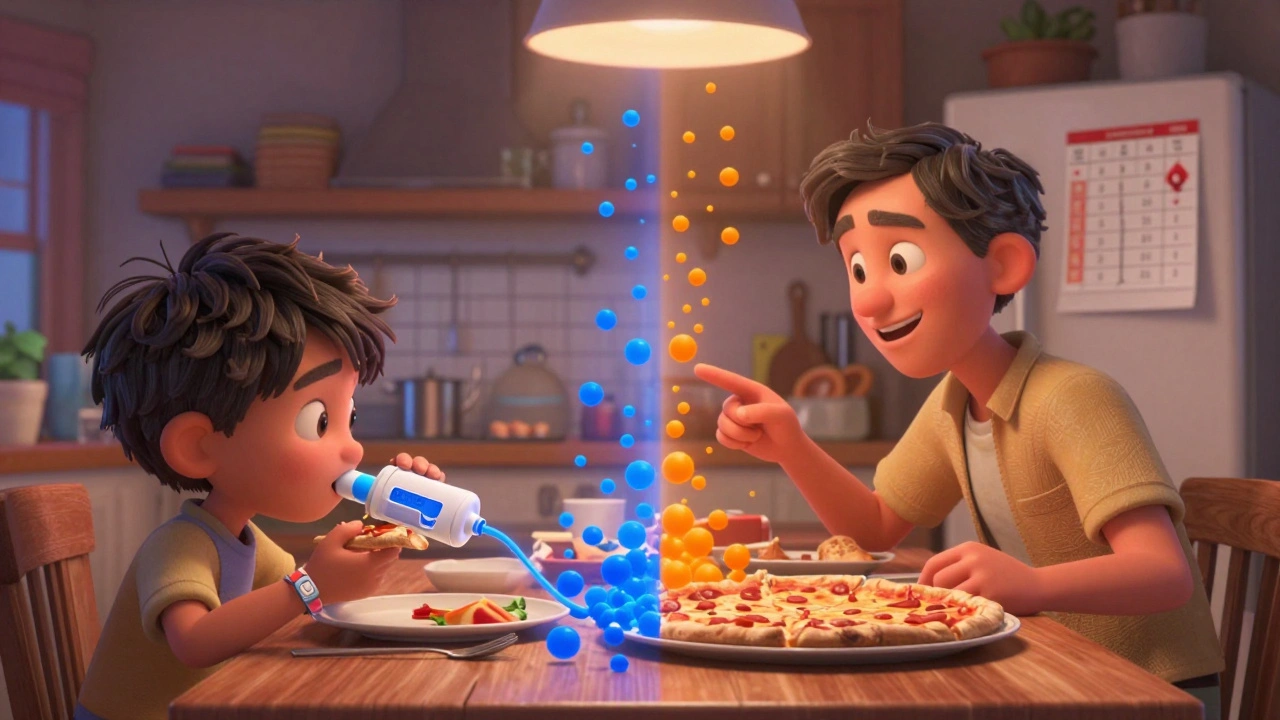 Child eating pizza with dual-wave insulin delivery shown visually.