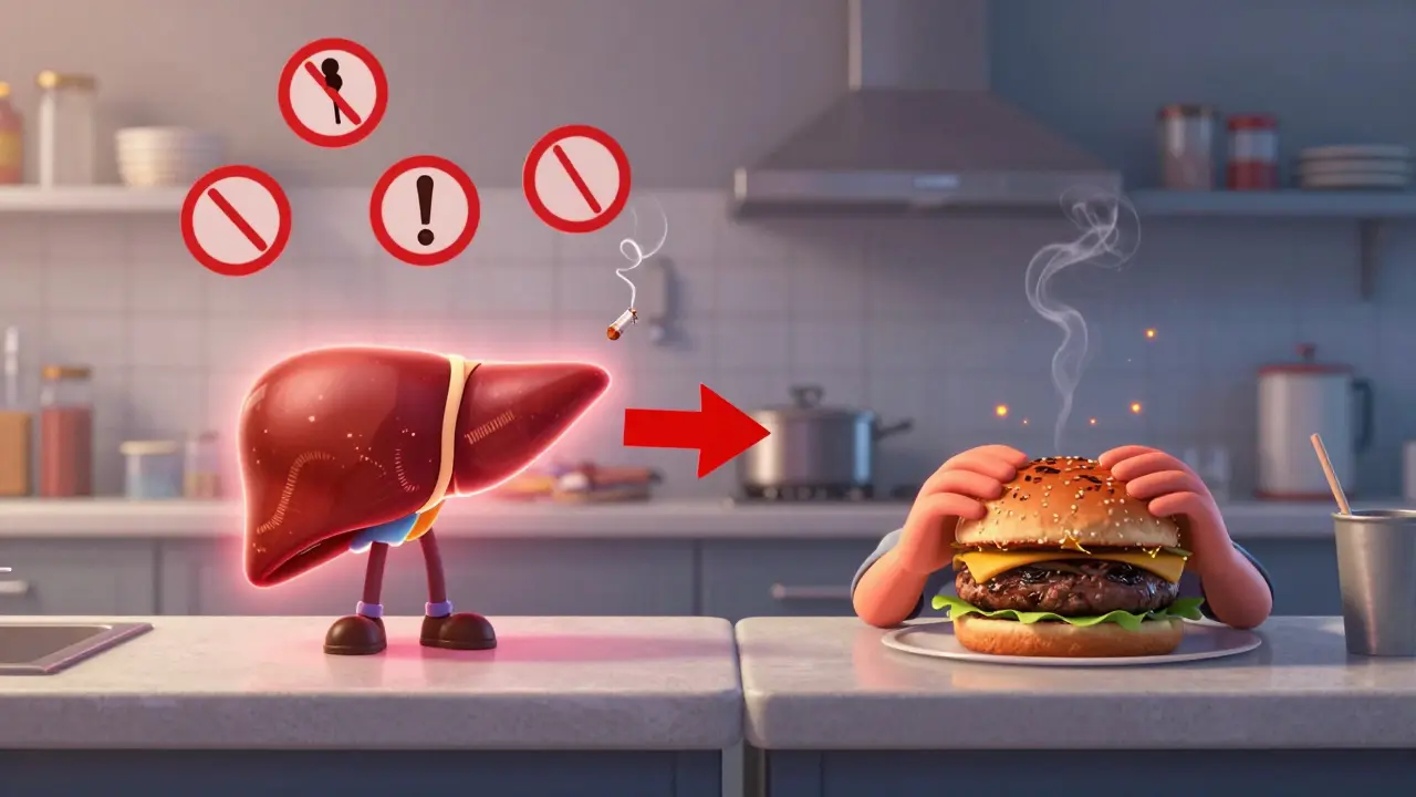 Contrasting scenes: smoking causes intense liver enzyme activity, while eating grilled meat has minimal effect.