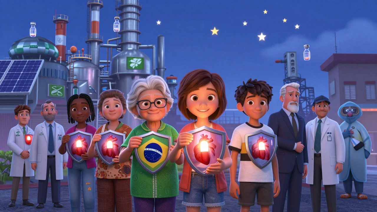 Diverse patients holding glowing pills that turn into shields, with factories and global inspectors behind them under a starry twilight sky.