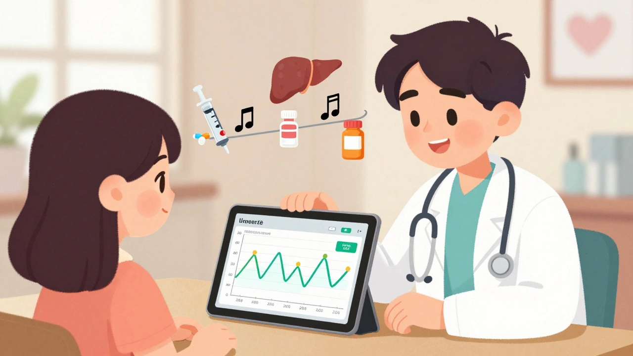 Doctor and patient reviewing animated glucose trends and insulin timing on a tablet.