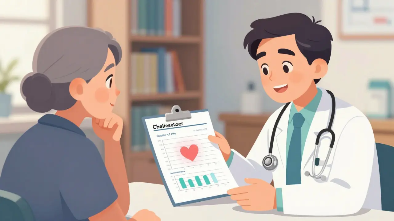 Doctor and patient reviewing health chart with fading heart icon in clinic setting