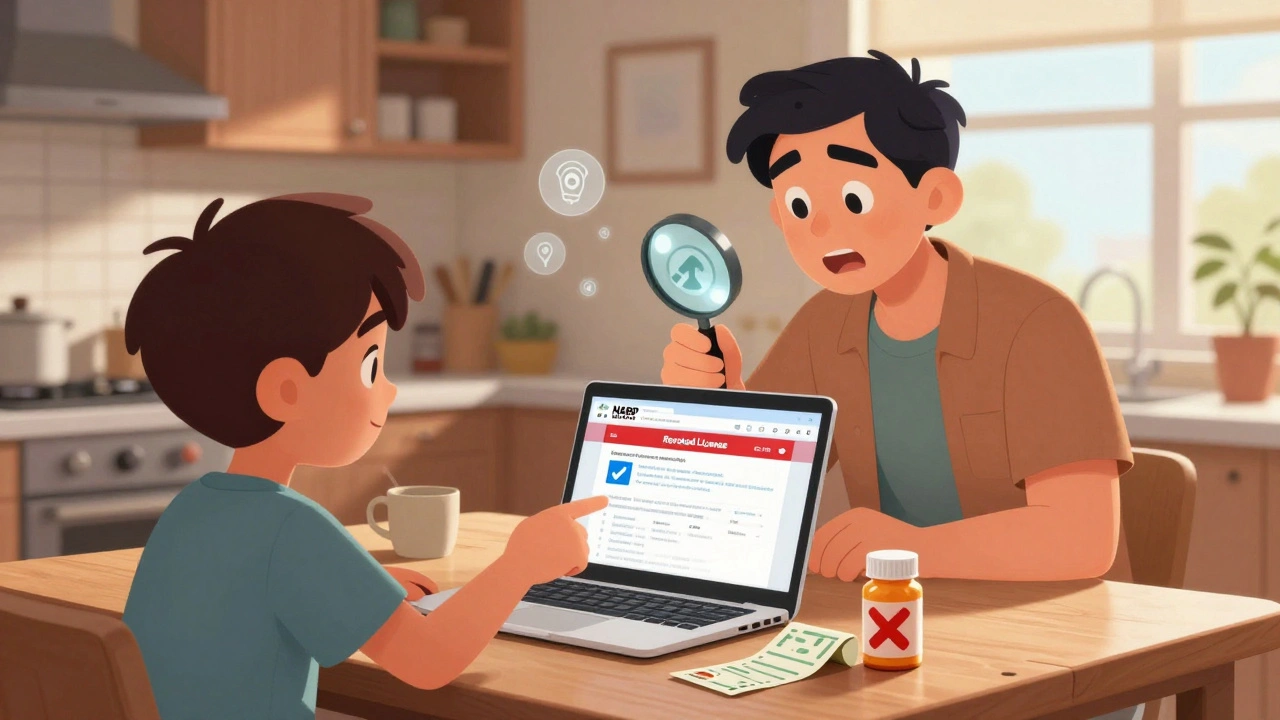 Family identifying a fake pharmacy online, parent using NABP Verify portal.