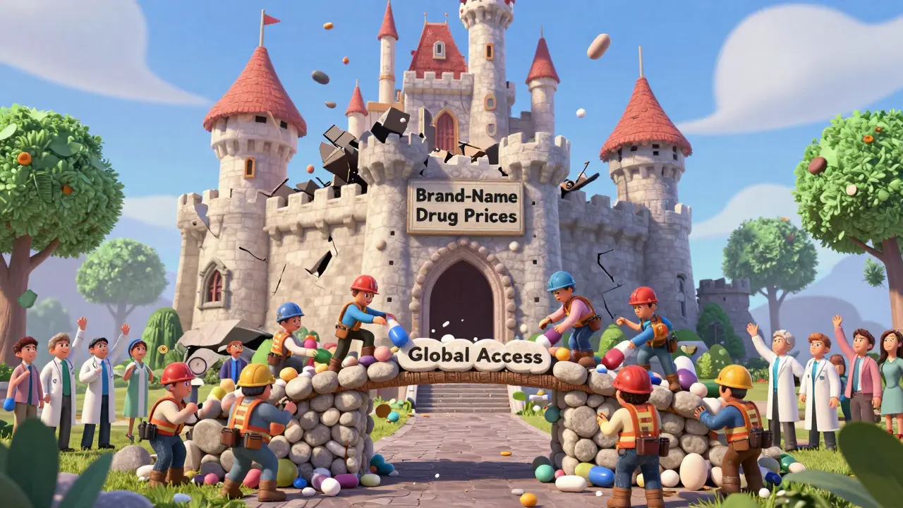 Generic pill workers rebuilding a bridge of affordable medicine as brand-name drug castle crumbles.