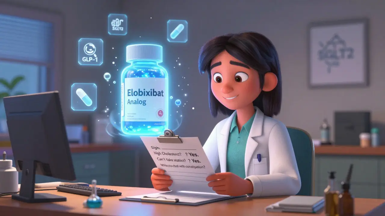 Patient at doctor's office with checklist, futuristic BAS pill glowing in background.