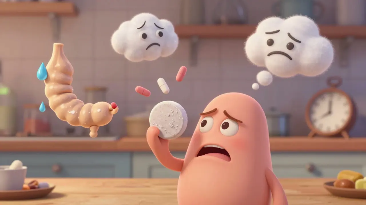 Patient reacting to gritty pill surrounded by exaggerated GI side effects.