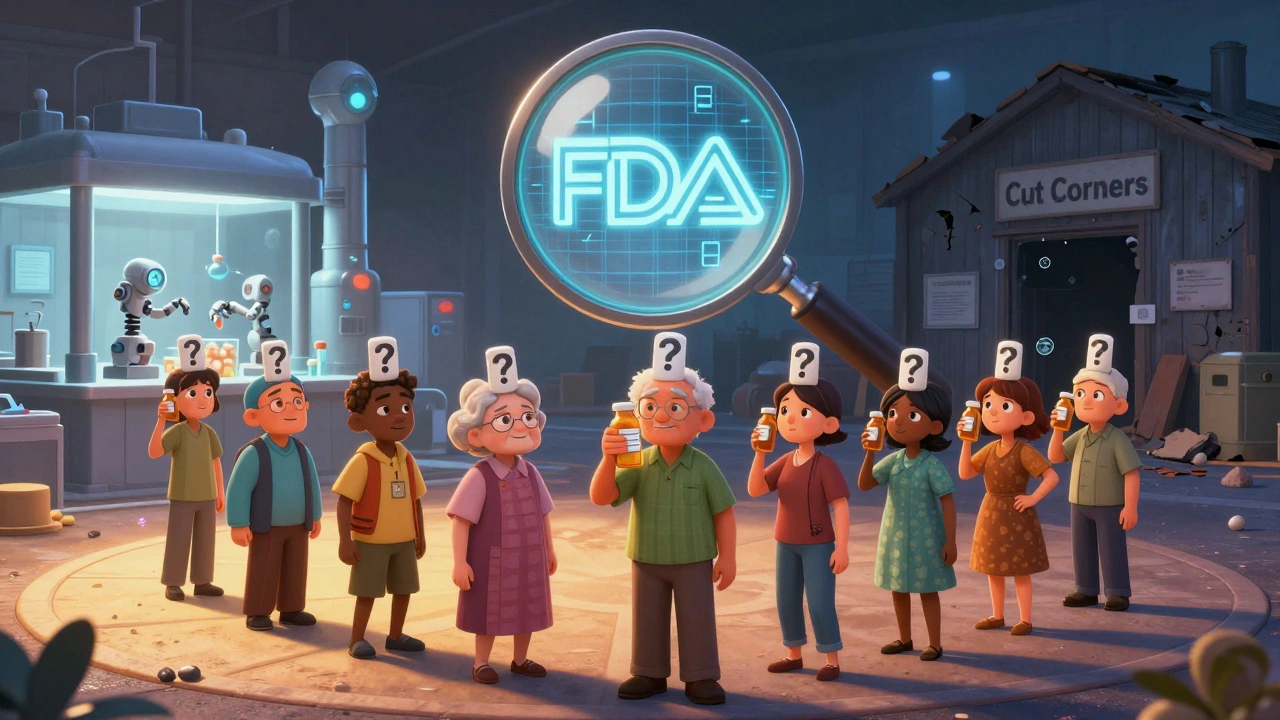 Patients standing between two paths: one to a clean factory, one to a crumbling warehouse.