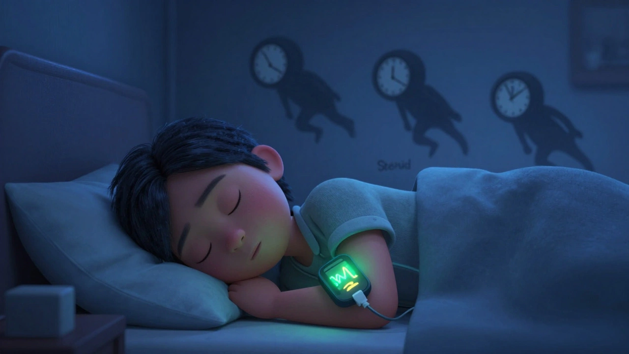 Person sleeping with CGM showing stable blood sugar as steroid effects fade away at night.